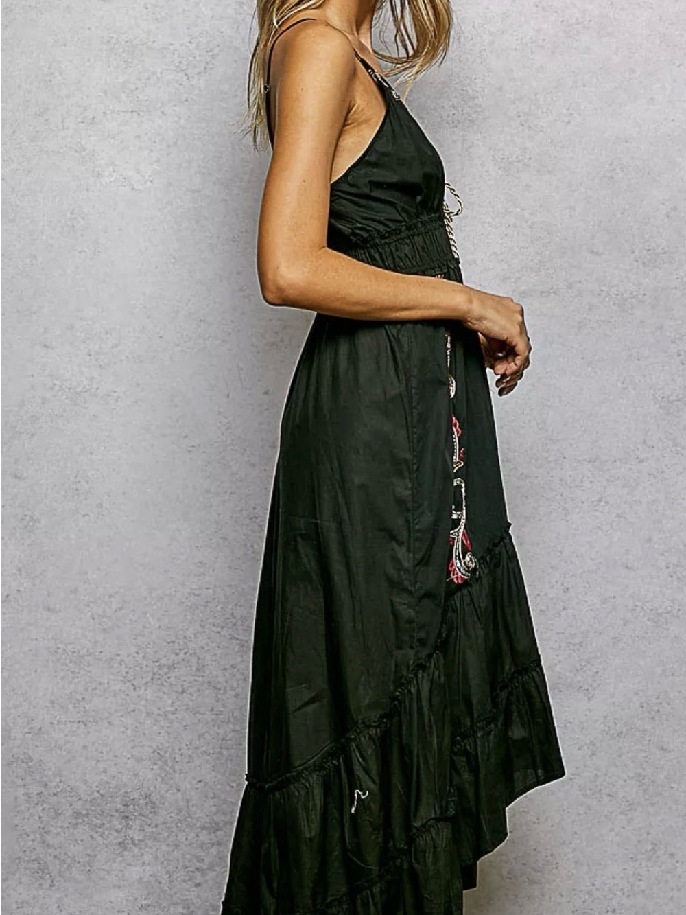 POL Embroidered Detail Tassel Tie Smocked Waist Midi Tierd Cami Dress L - Picture 3 of 6